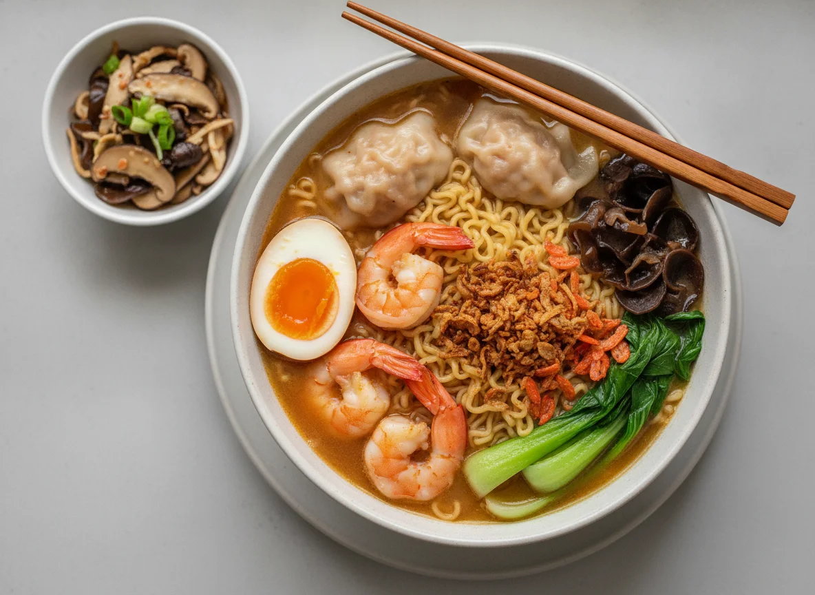 Shrimp and Dumpling Ramen with Wood Ear Mushroom Salad photo