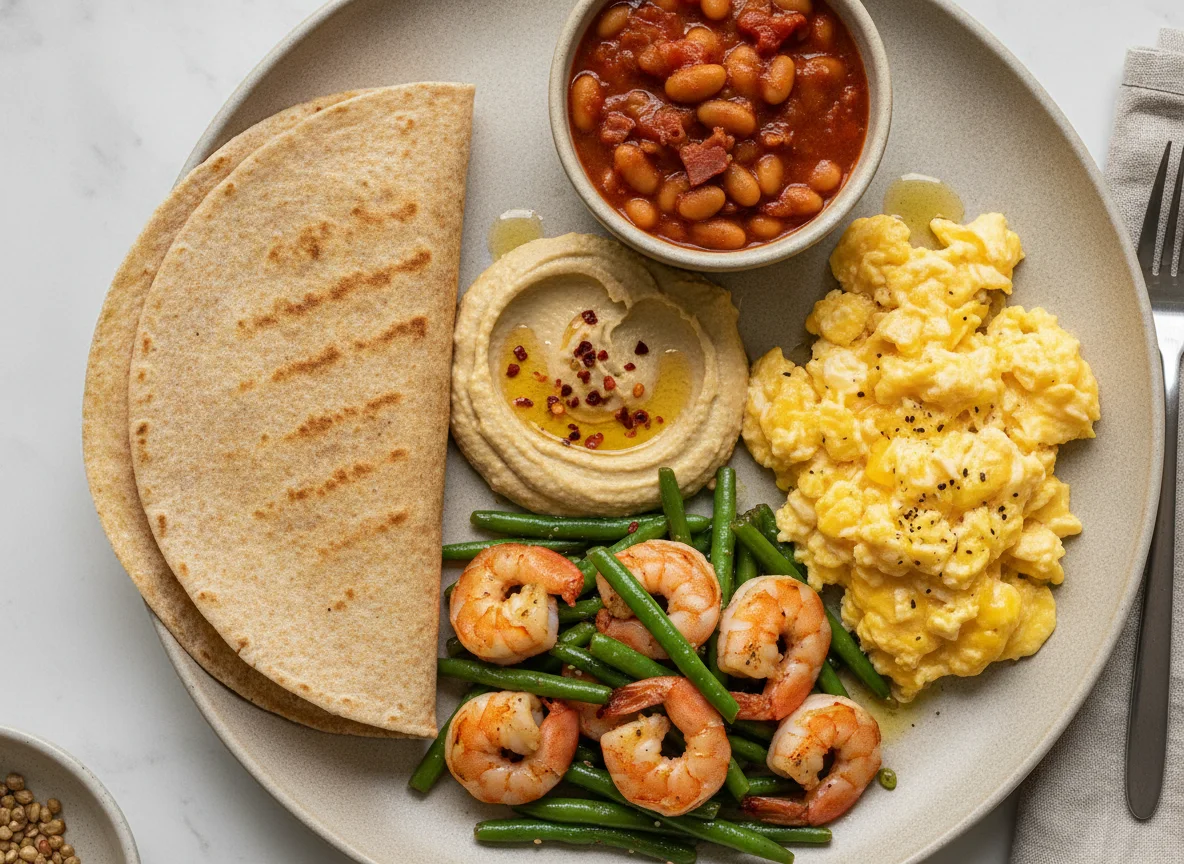 Shrimp and green beans with baked beans and tortilla photo