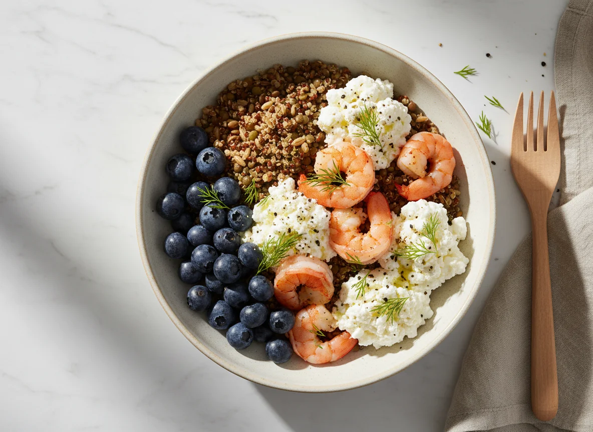 Shrimp and Lentil Bowl with Cottage Cheese and Blueberries photo