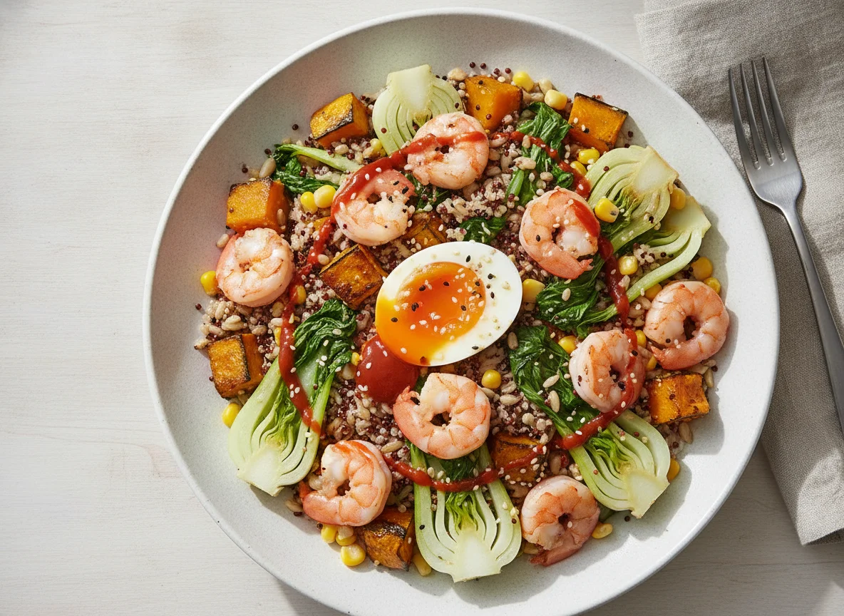 Shrimp and Mixed Grain Salad with Soft Boiled Egg photo