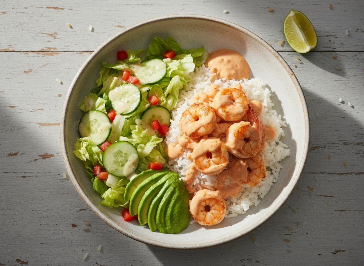 Shrimp and Rice Bowl with Salad photo