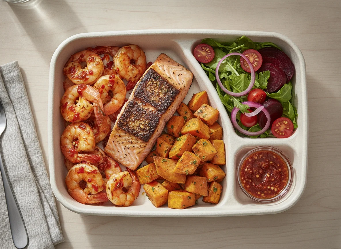Shrimp and Salmon Meal Prep with Sweet Potato and Salad photo