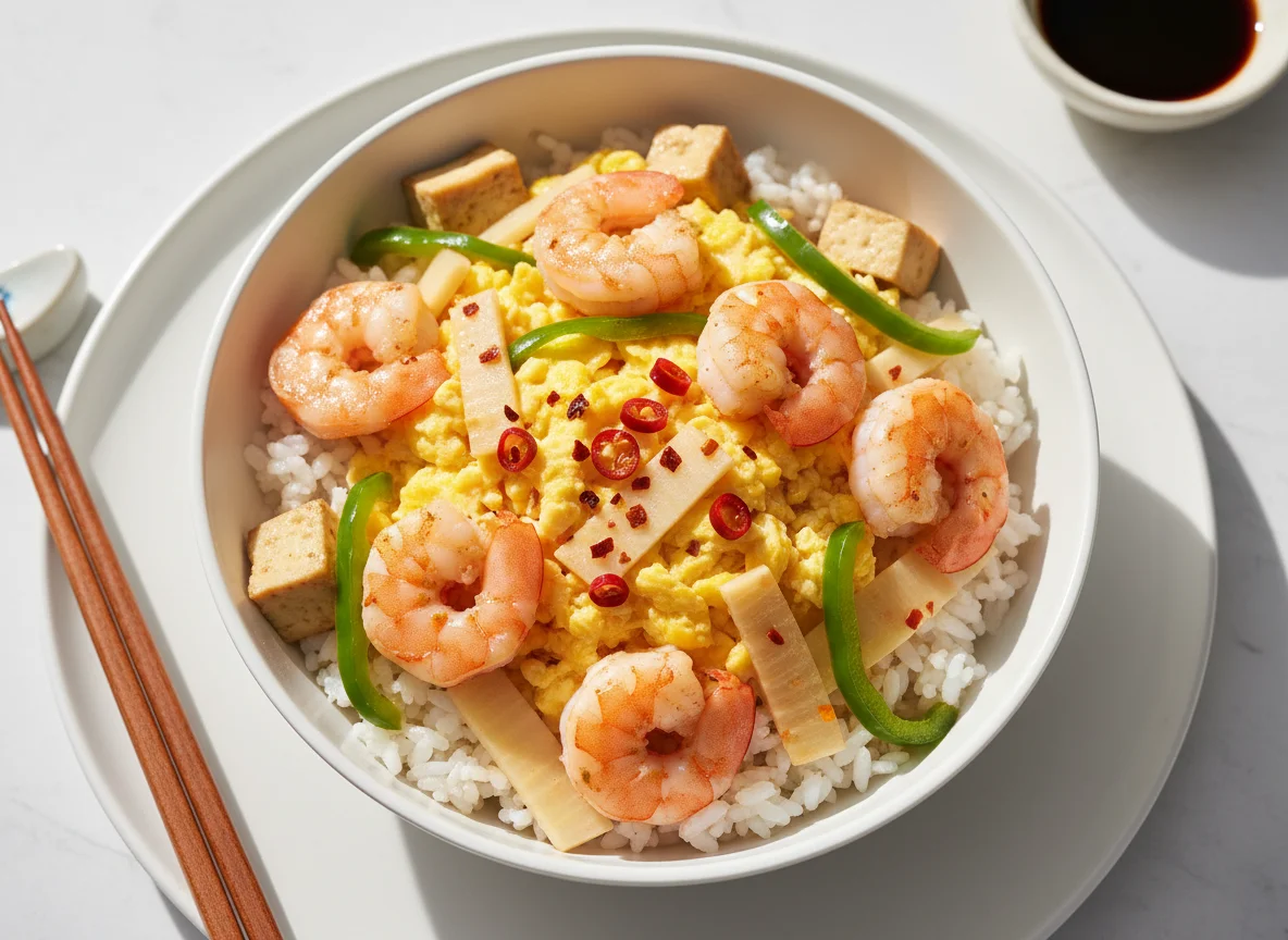 Shrimp and Tofu Rice Bowl with Vegetables photo