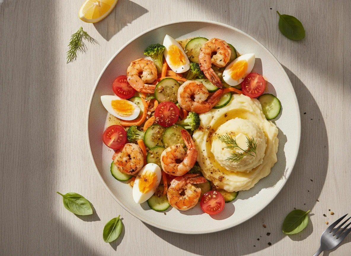 Shrimp and Vegetable Salad with Boiled Egg photo