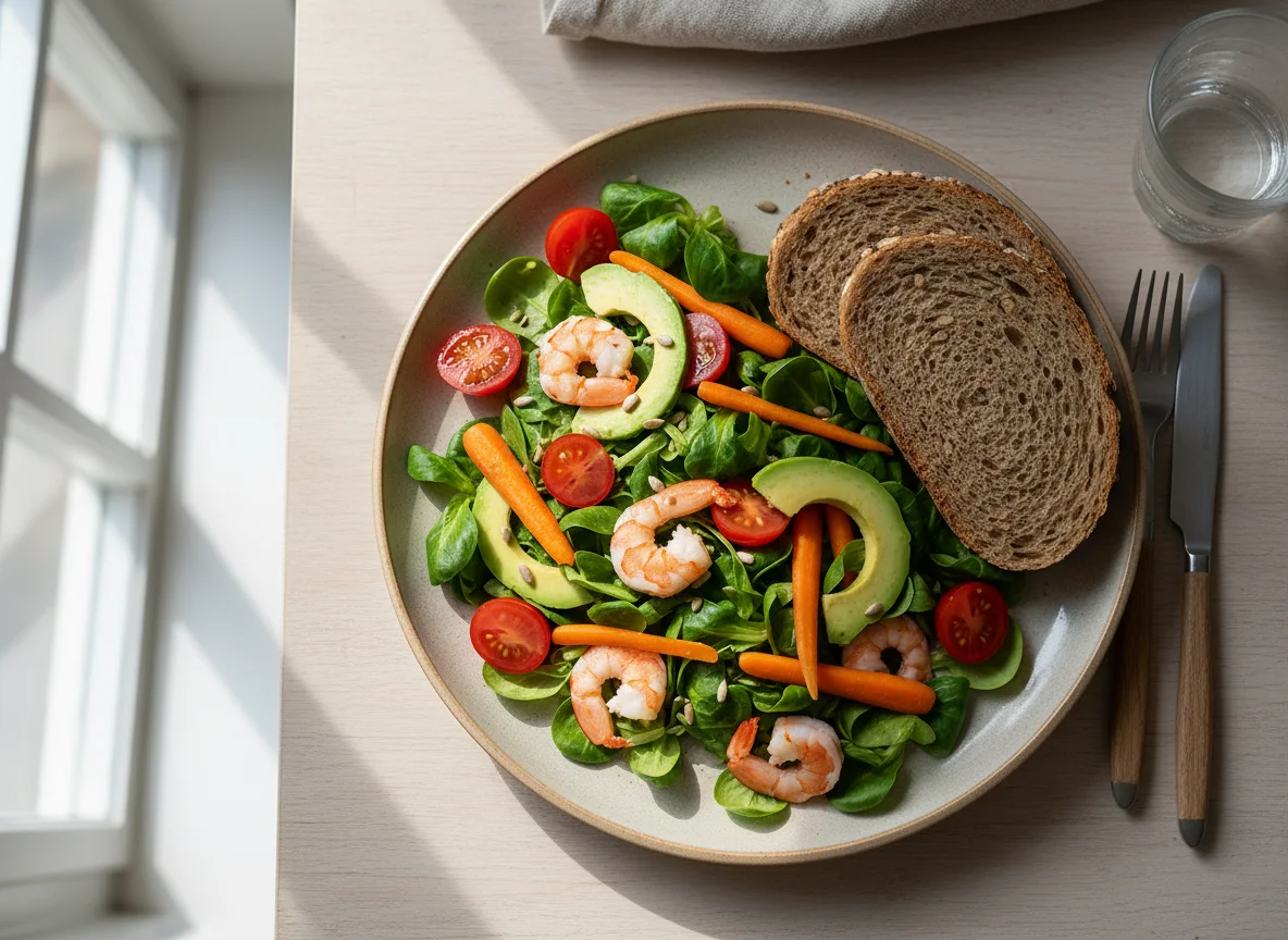 Shrimp and Vegetable Salad with Whole Grain Bread photo