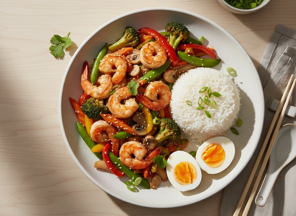 Shrimp and Vegetable Stir-fry with Rice and Boiled Eggs photo