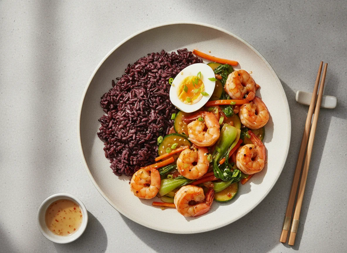 Shrimp and Zucchini Stir-fry with Purple Rice and Boiled Egg photo