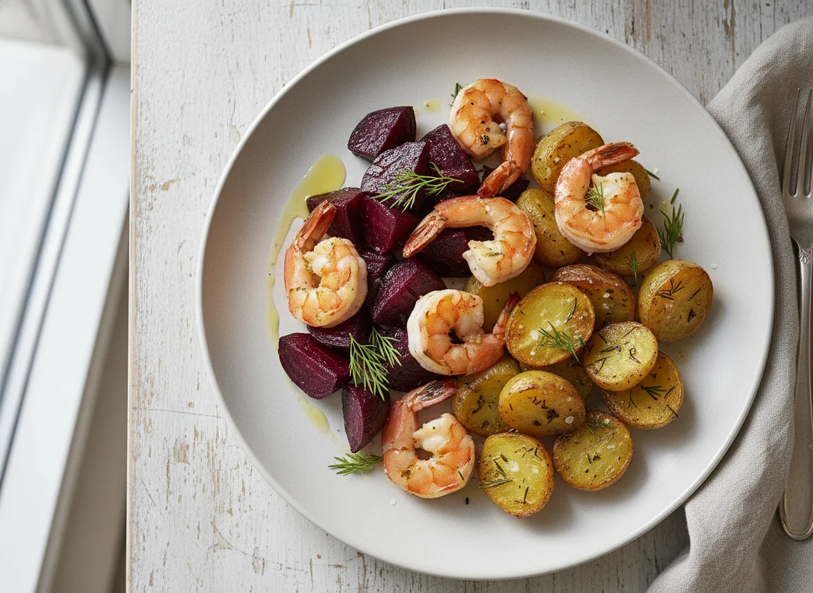 Shrimp, Beetroot, and Roasted Potatoes photo