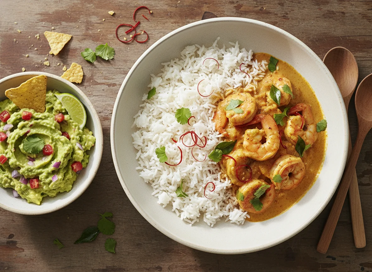 Shrimp Curry with Rice and Guacamole photo