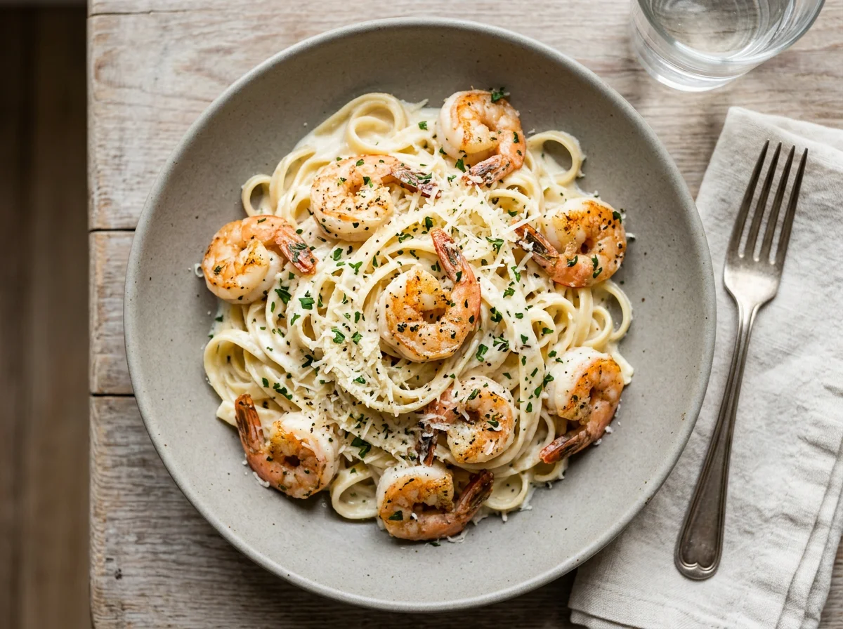 Shrimp Fettuccine Alfredo with Parmesan photo