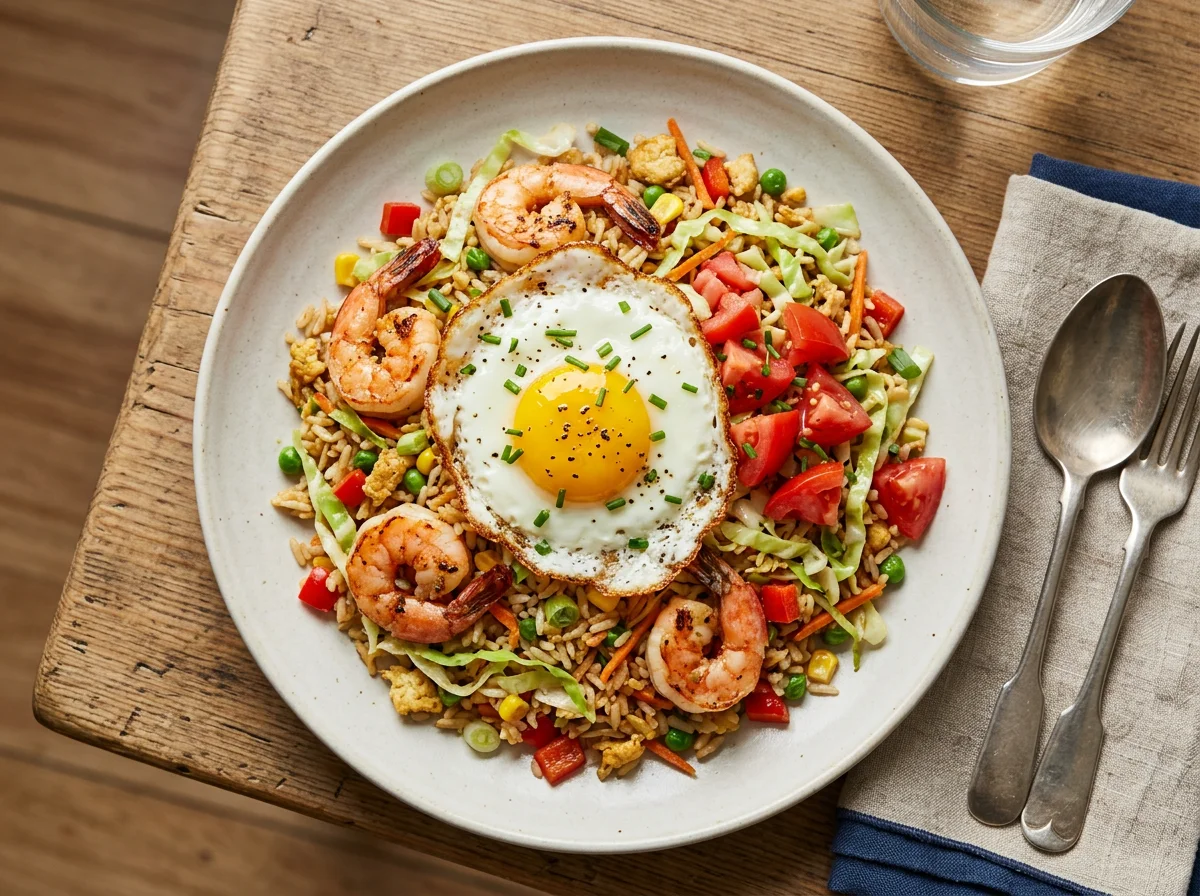 Shrimp Fried Rice with Fried Egg and Tomatoes photo