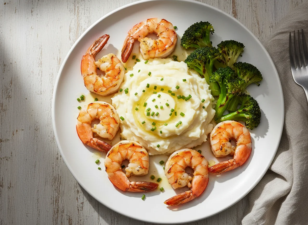 Shrimp, Mashed Potatoes, and Broccoli photo