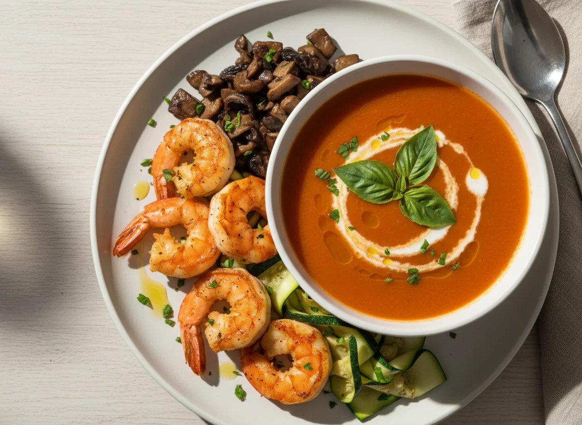 Shrimp, Mushroom, Zucchini and Soup Meal photo