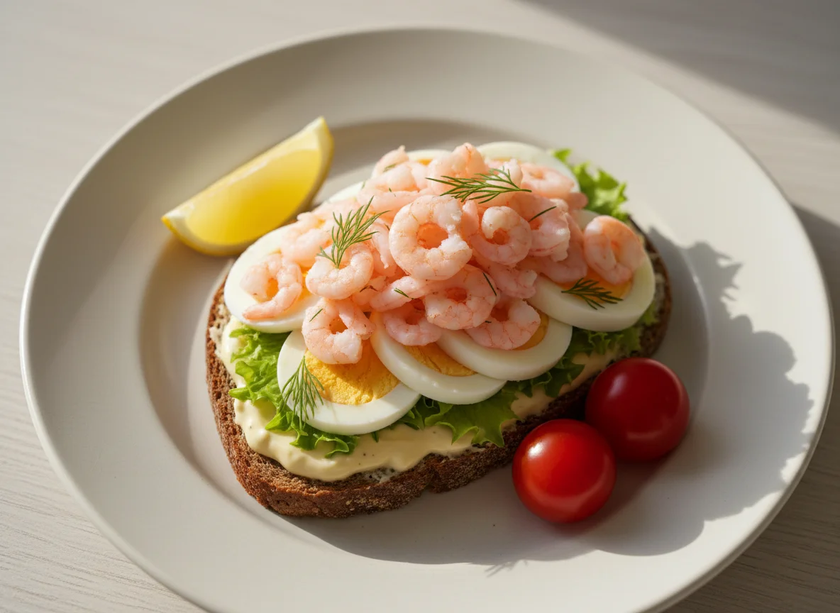 Shrimp open-faced sandwich with egg photo