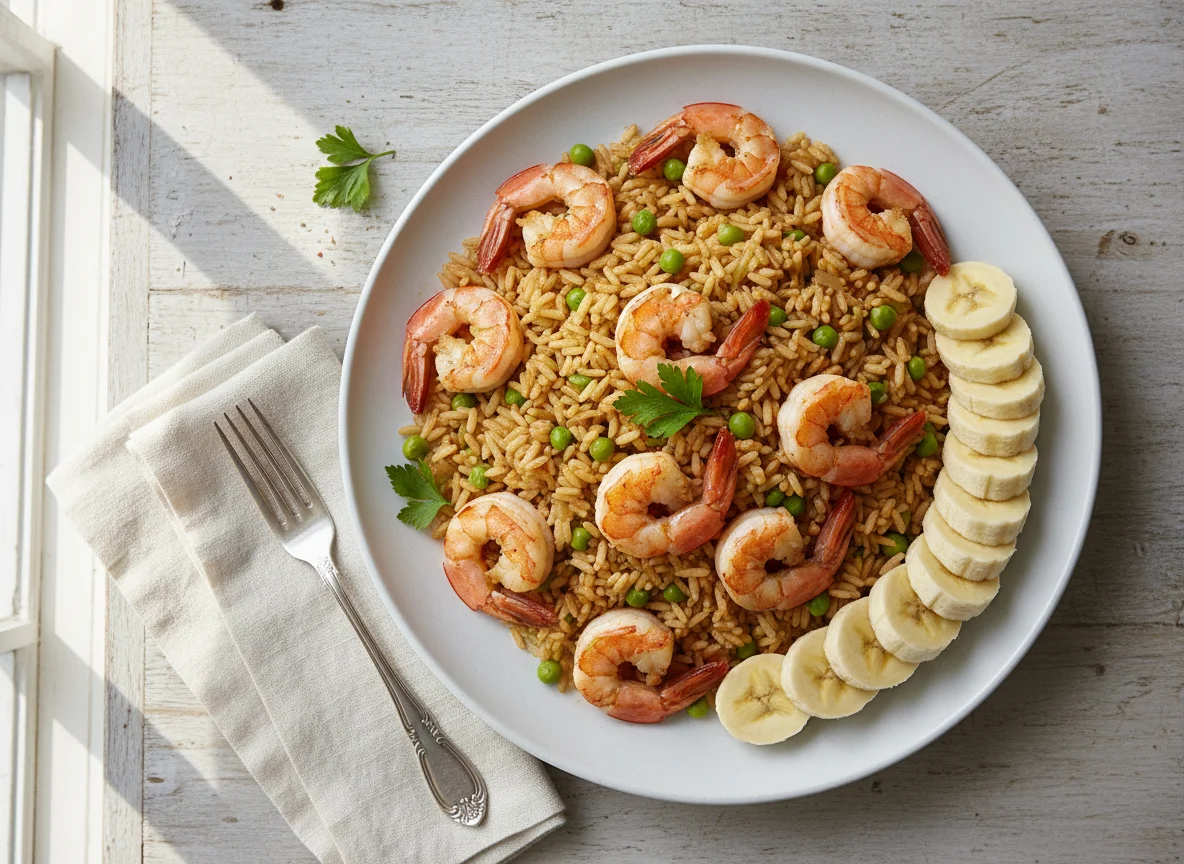 Shrimp Rice with Peas and Sliced Banana photo