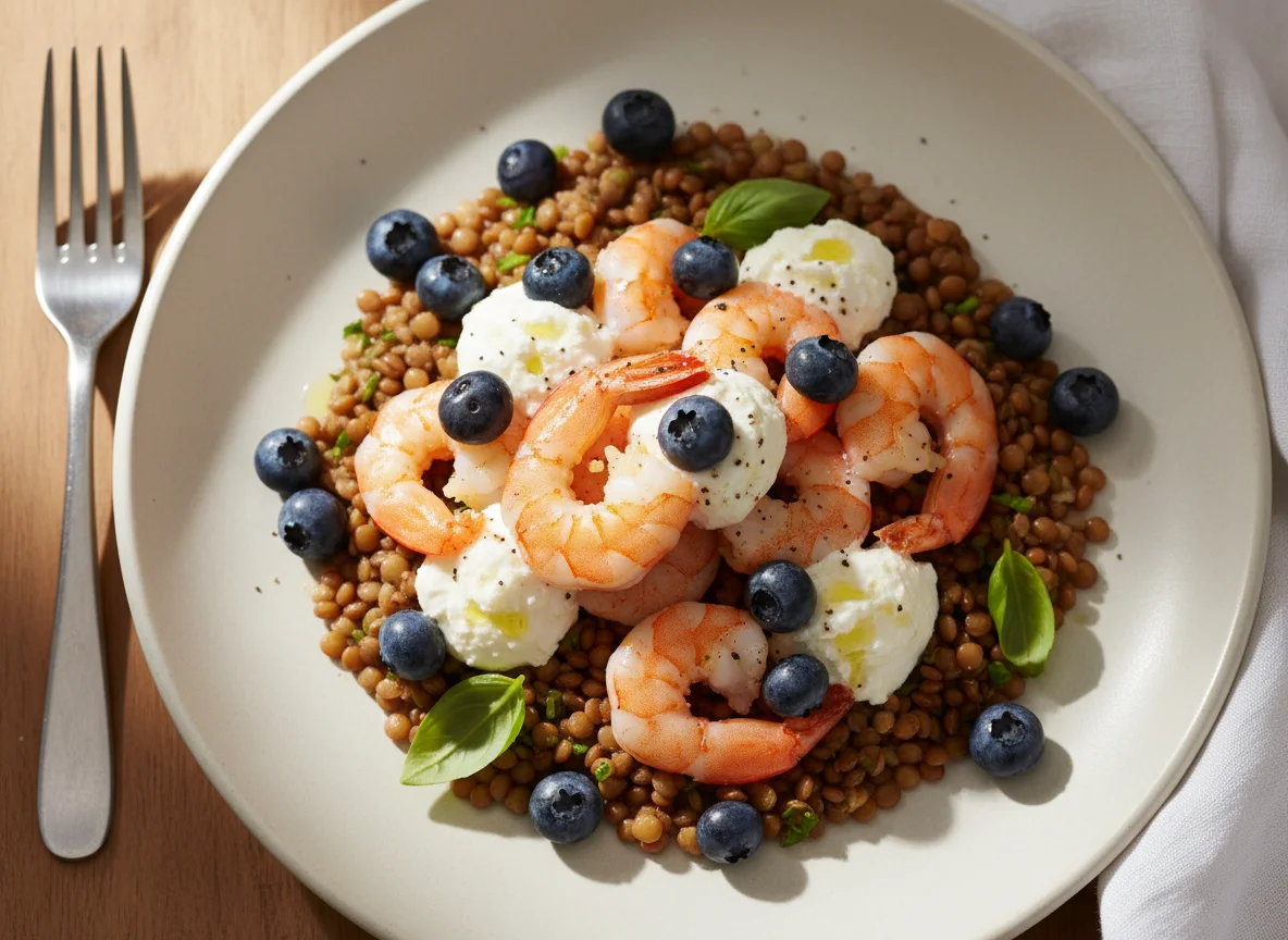 Shrimp, Ricotta, Lentils and Blueberries photo