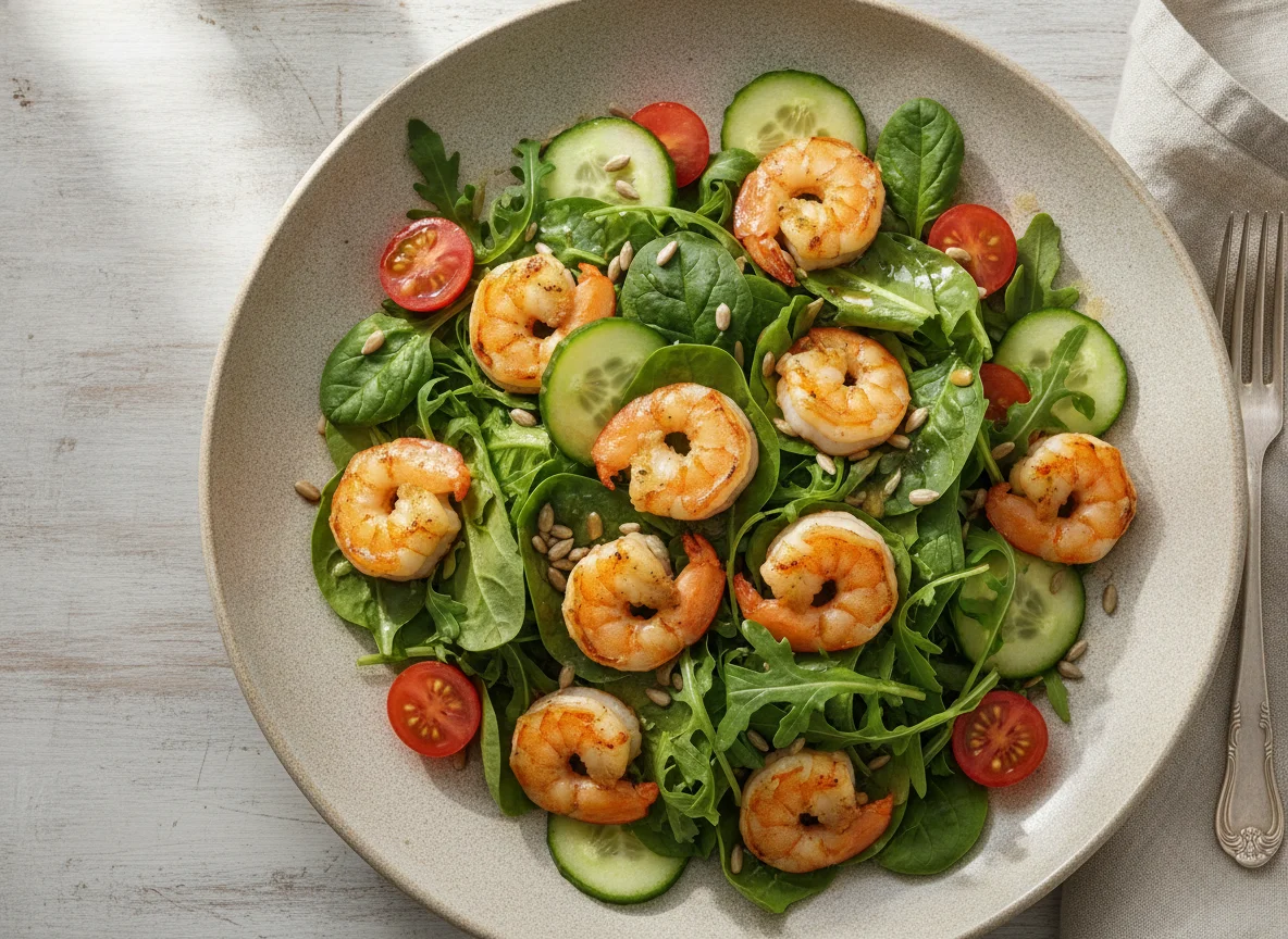 Shrimp Salad with Mixed Greens and Sunflower Seeds photo