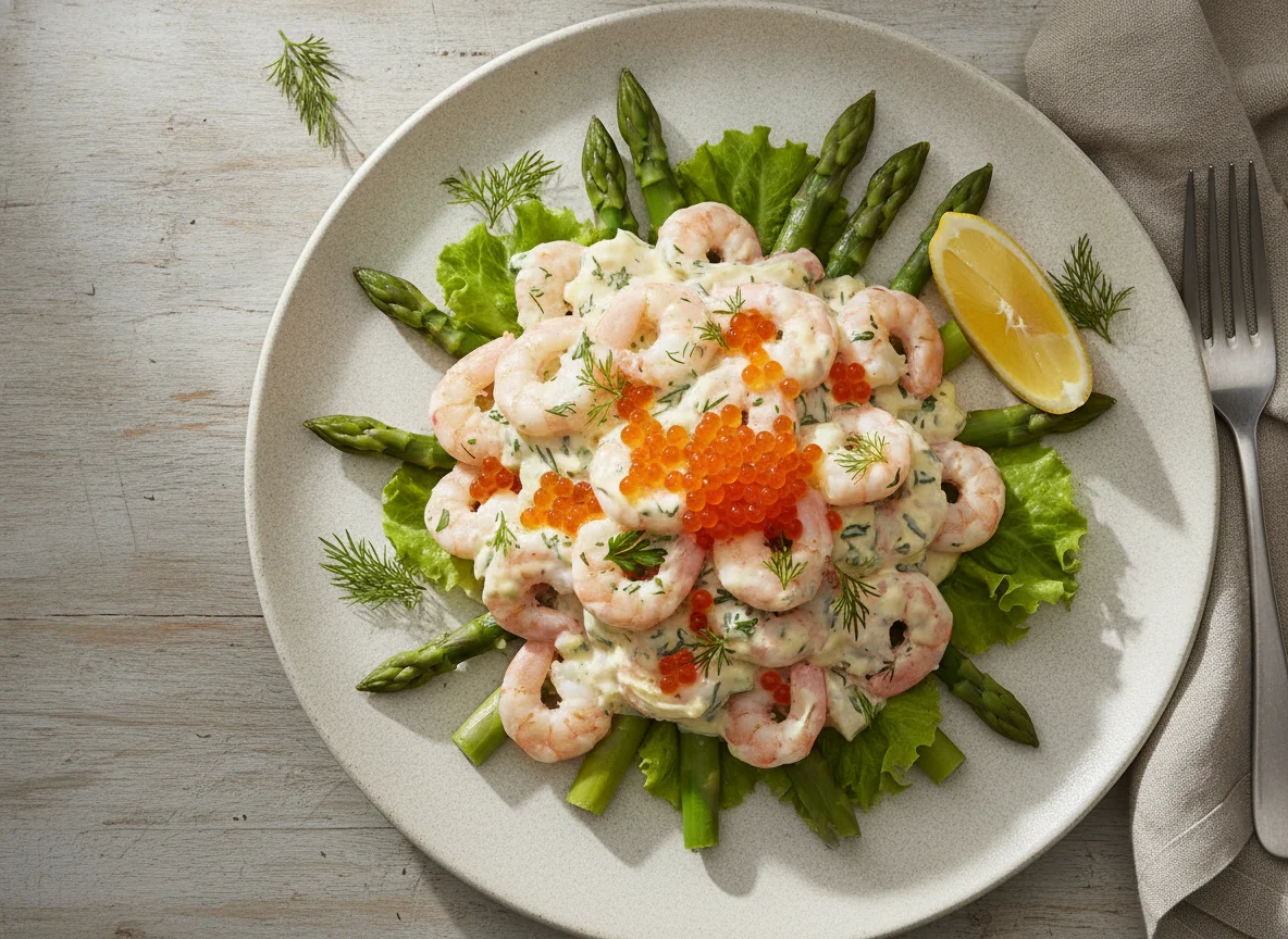 Shrimp Salad with Trout Roe and Asparagus photo