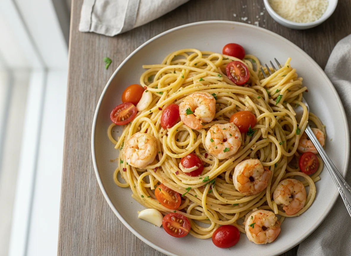 Shrimp Scampi Pasta with Cherry Tomatoes photo