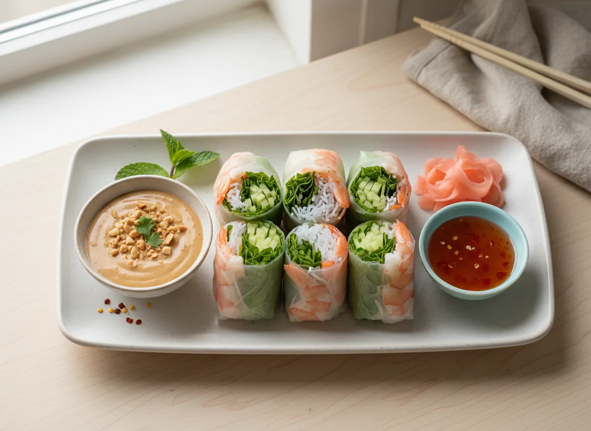 Shrimp Spring Rolls with Dipping Sauce and Pickled Ginger photo