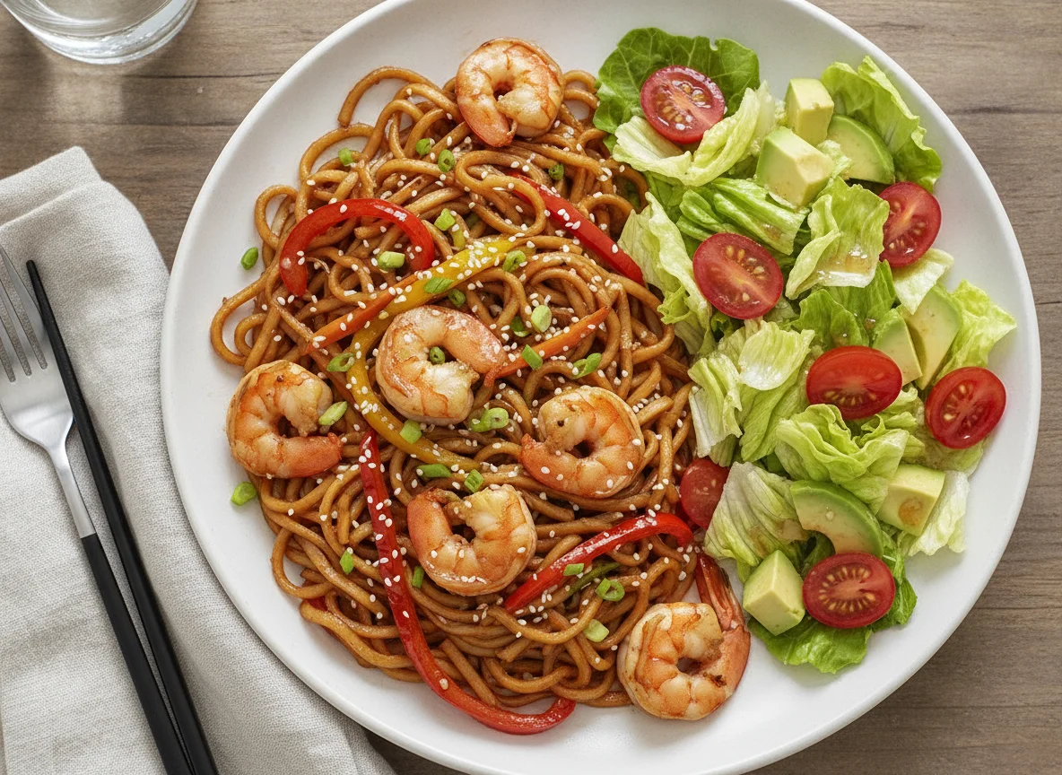 Shrimp Stir-fry Noodles with Garden Salad photo