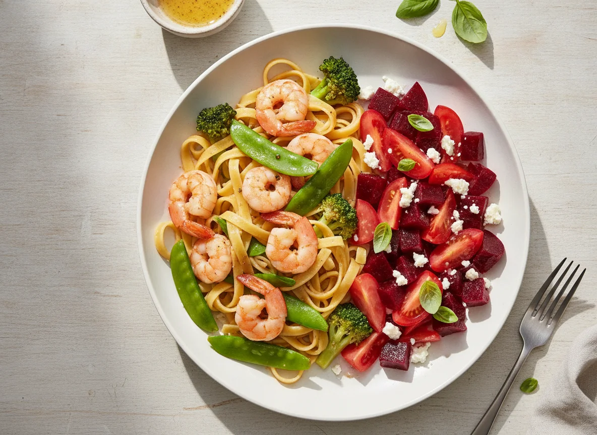 Shrimp Stir-fry with Pasta and Beetroot Tomato Salad photo