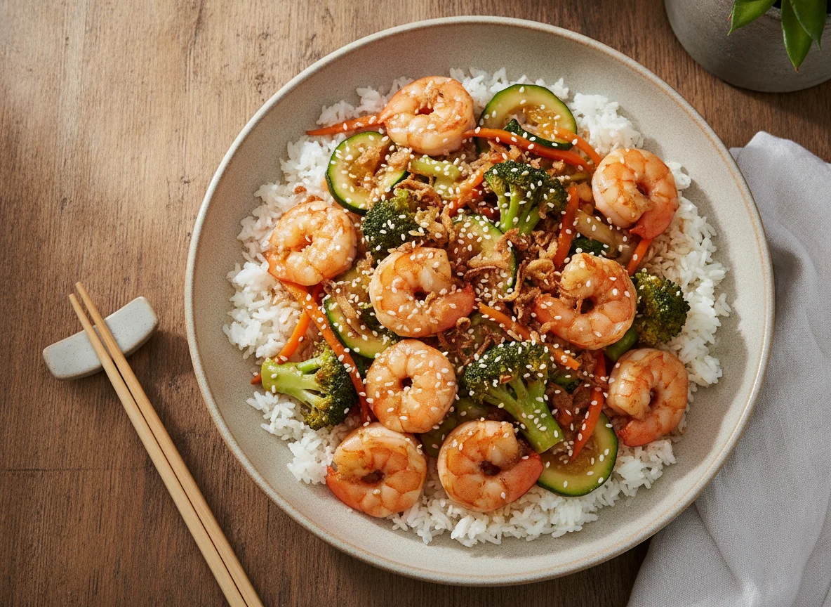 Shrimp Stir-fry with Rice and Vegetables photo