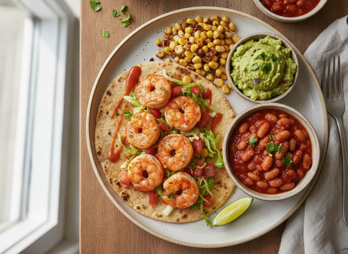 Shrimp Taco with Beans and Corn photo