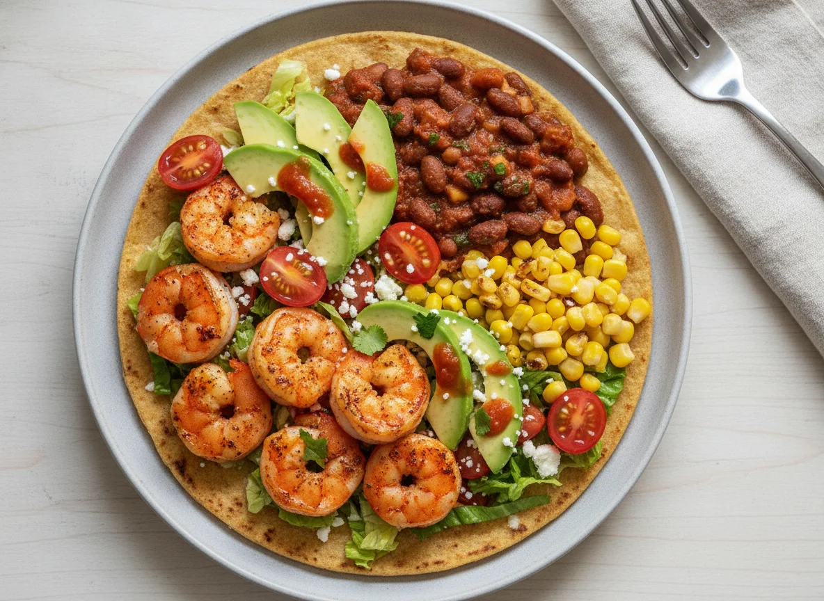 Shrimp Tostada with Baked Beans and Corn photo
