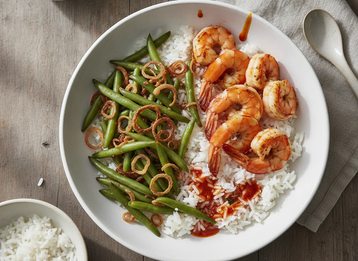 Shrimp with green beans and rice photo