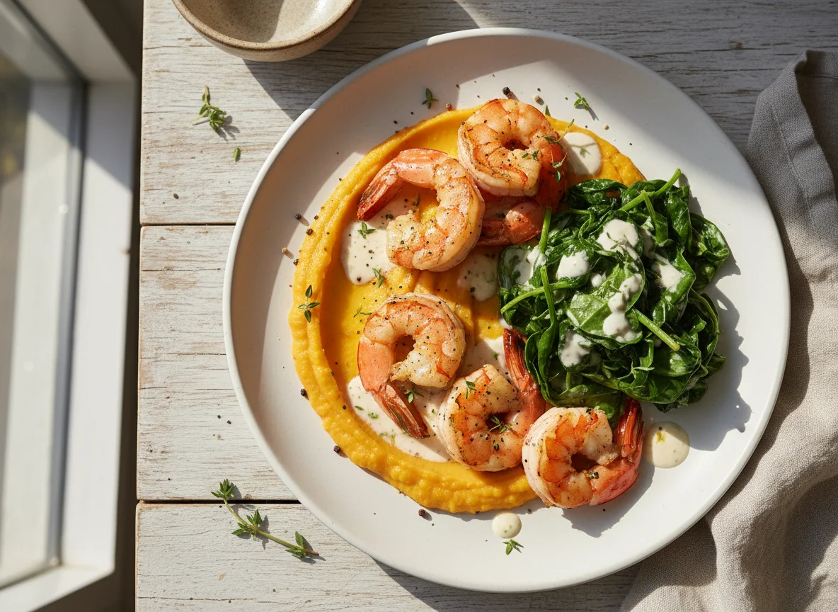 Shrimp with Pumpkin Puree and Spinach photo