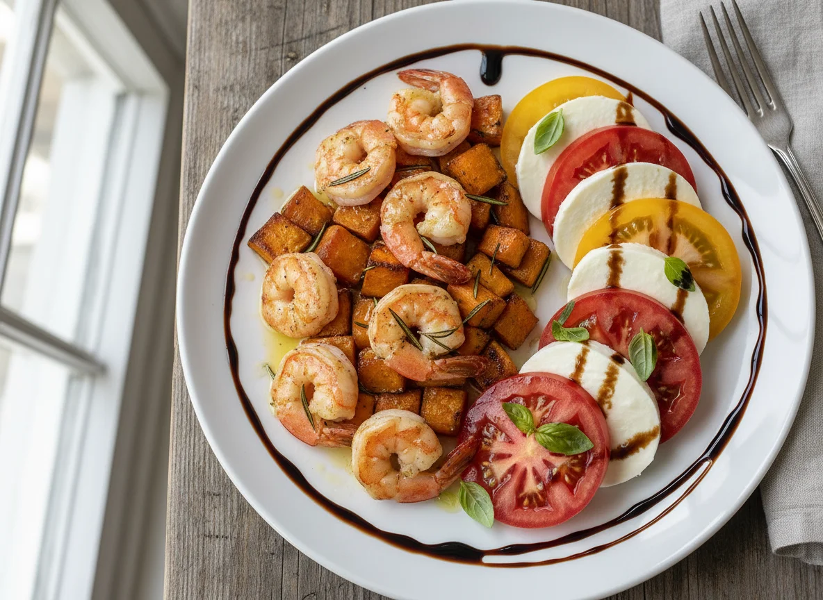 Shrimp with Roasted Sweet Potatoes and Caprese Salad photo