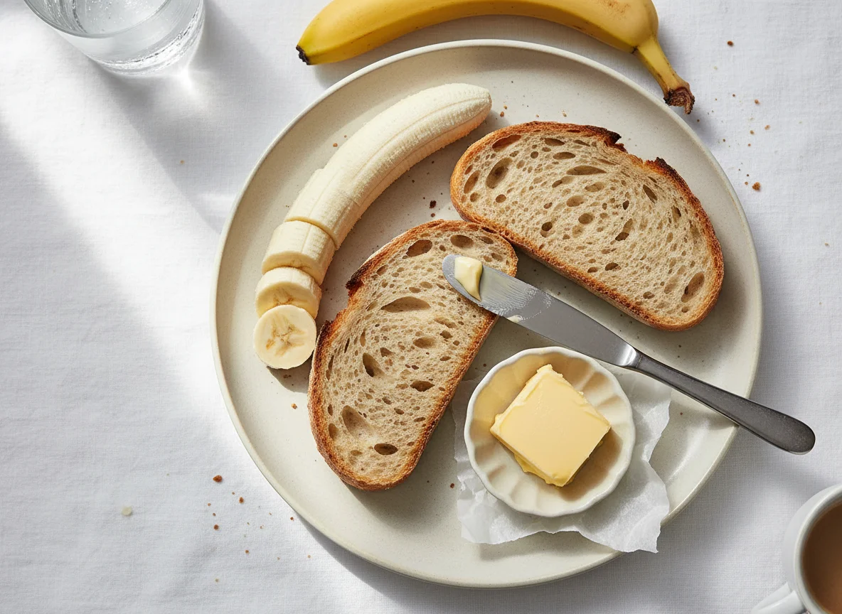 Simple Breakfast with Banana, Bread and Butter photo