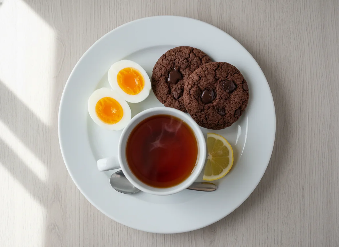 Simple Breakfast with Eggs, Cookies, and Tea photo