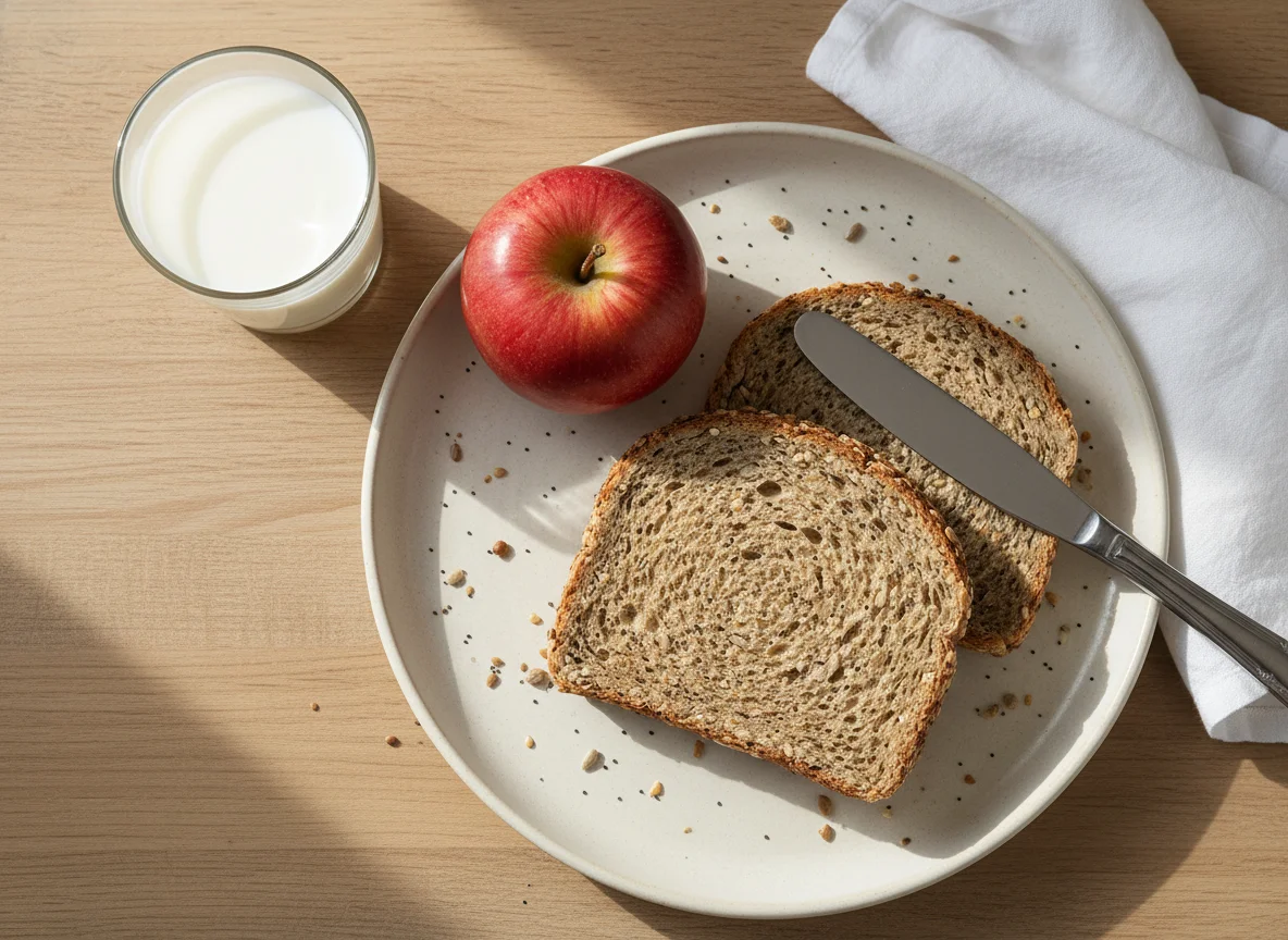 Simple Breakfast with Milk, Apple, and Bread photo