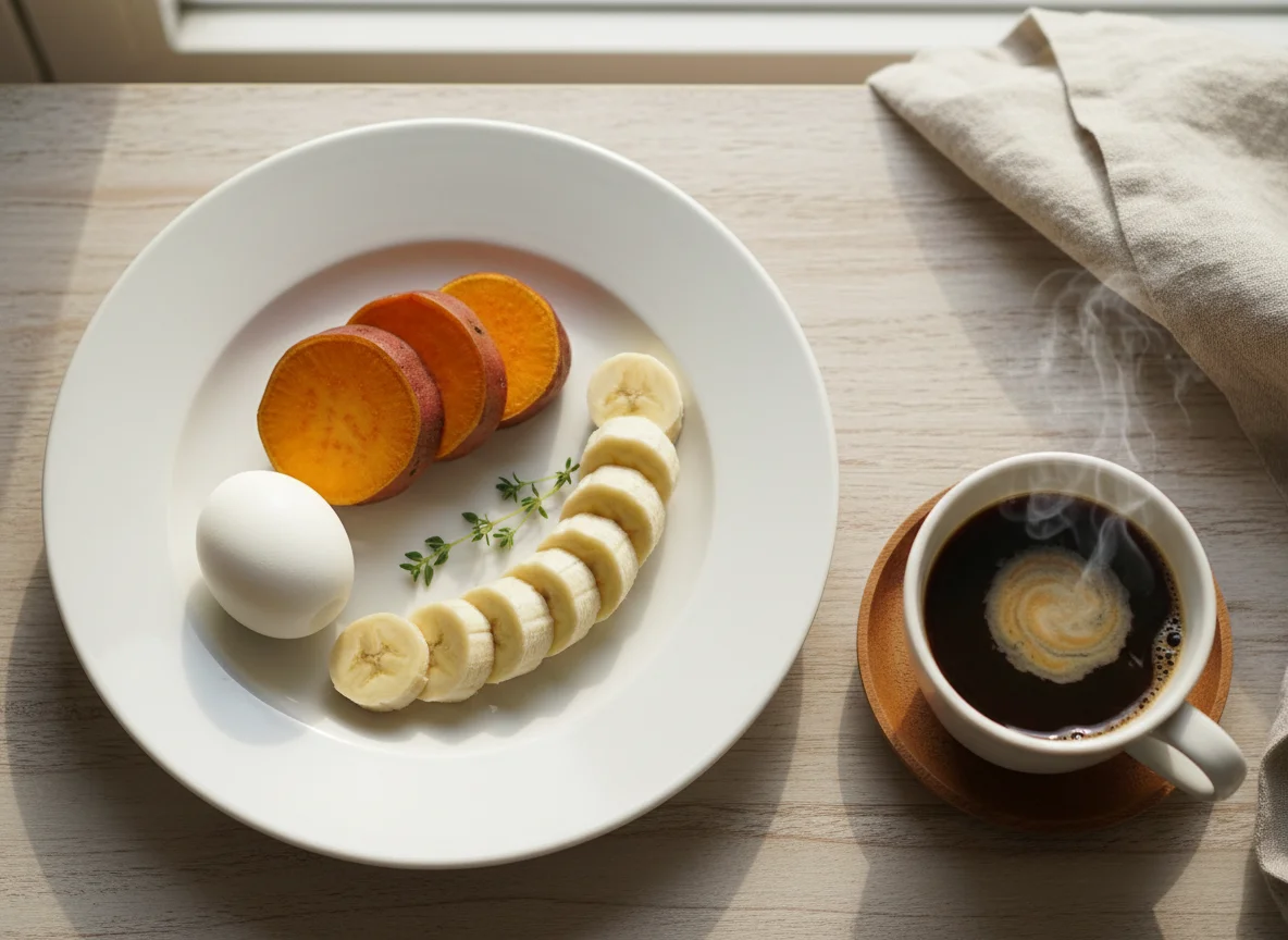 Simple Breakfast with Sweet Potato, Egg, Banana, and Coffee photo