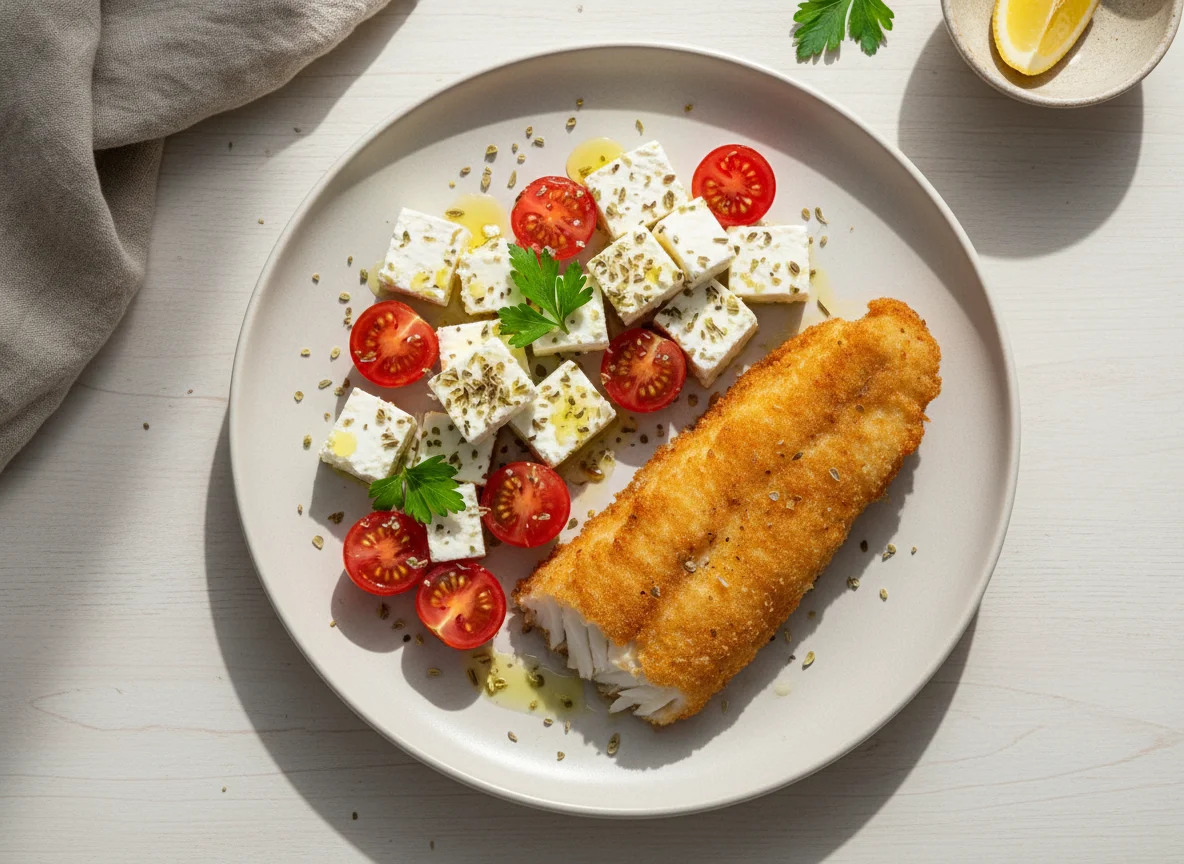 Simple meal with cheese, tomatoes, and fried fish photo