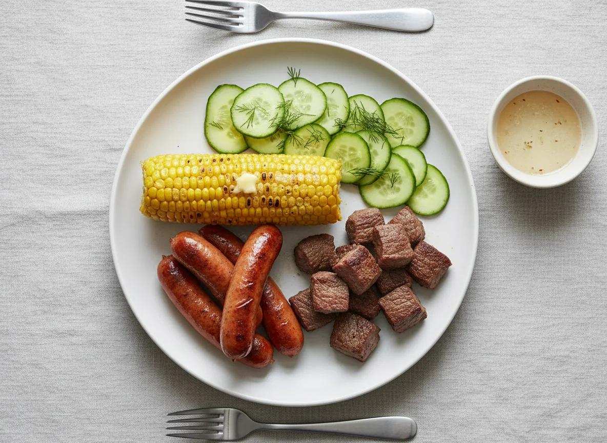Simple meal with corn, sausages, cucumber, and meat photo