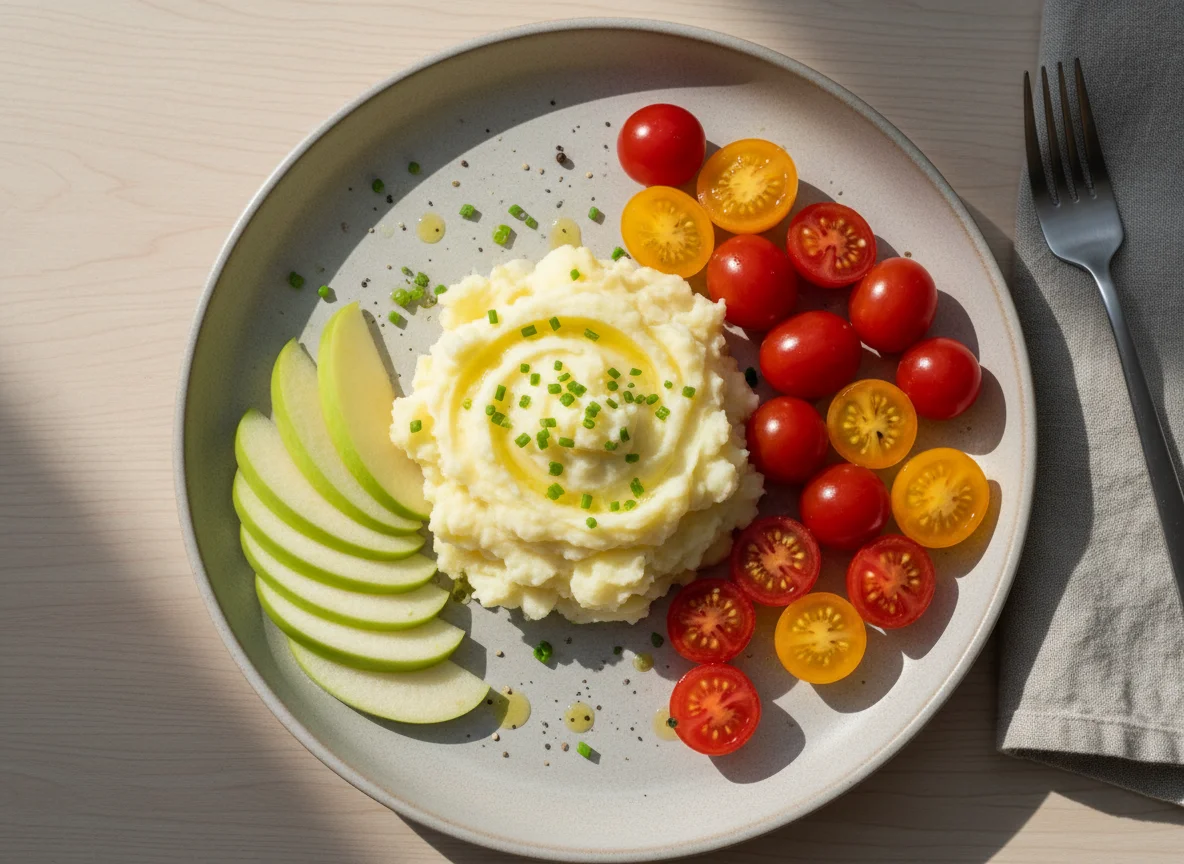 Simple Meal with Mashed Potatoes, Tomatoes, and Apple photo