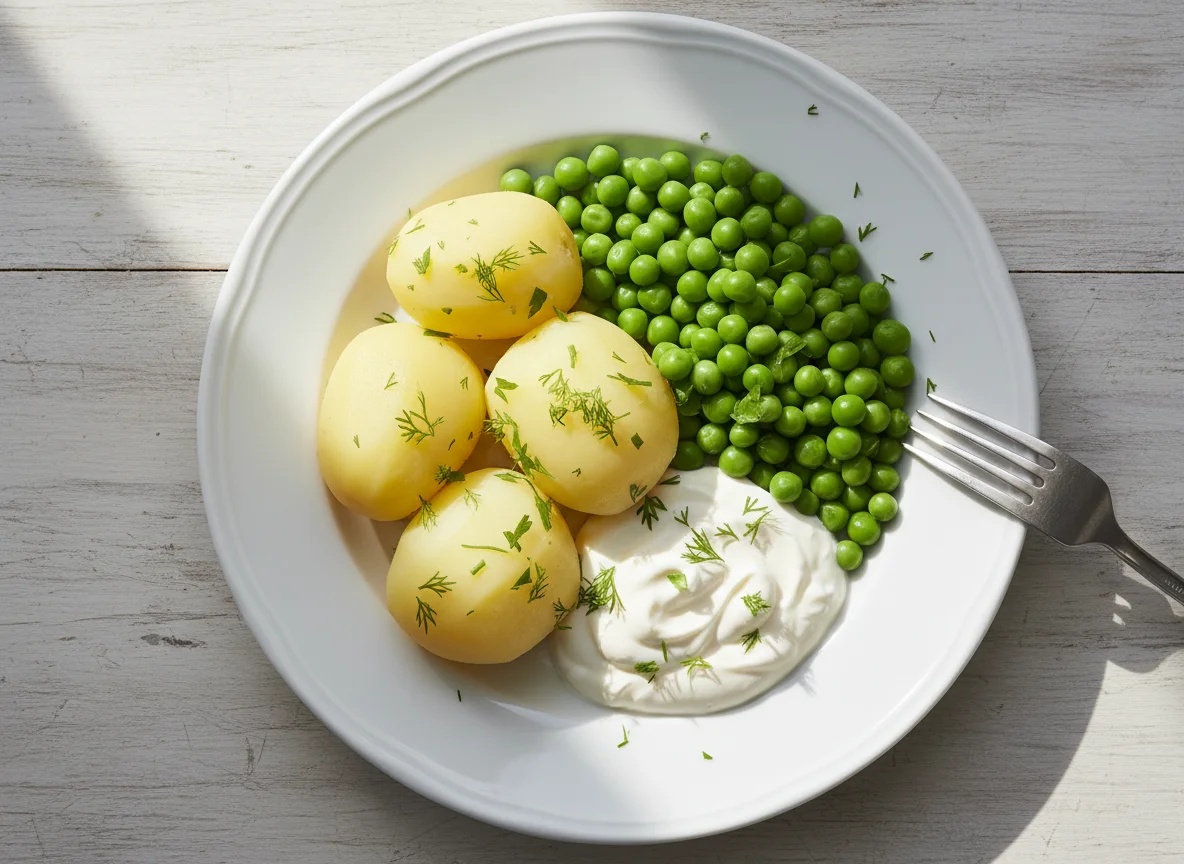 Simple meal with potato, peas, and sour cream photo