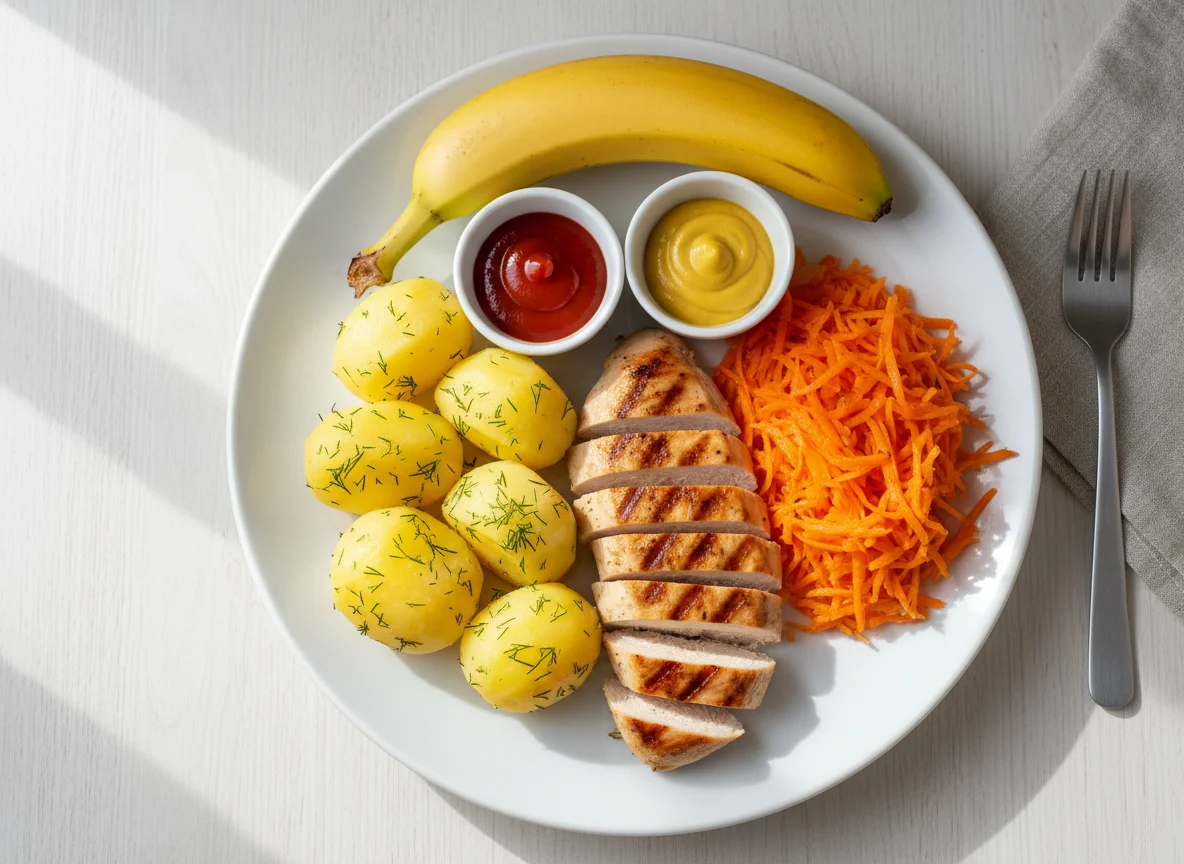 Simple meal with potatoes, carrots, meat, and sauces, with a banana photo