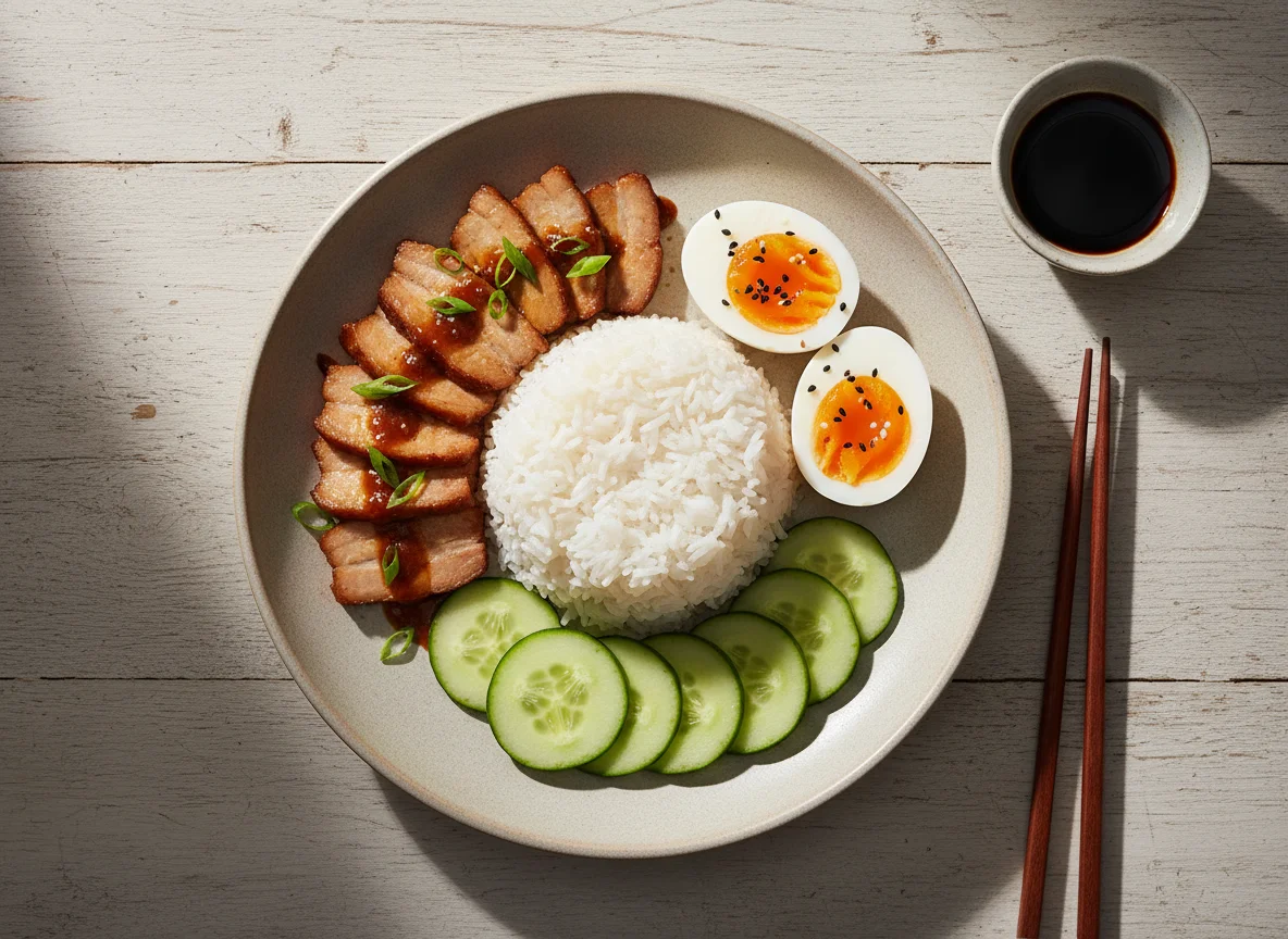 Simple Meal with Rice, Egg, Meat, and Cucumber photo