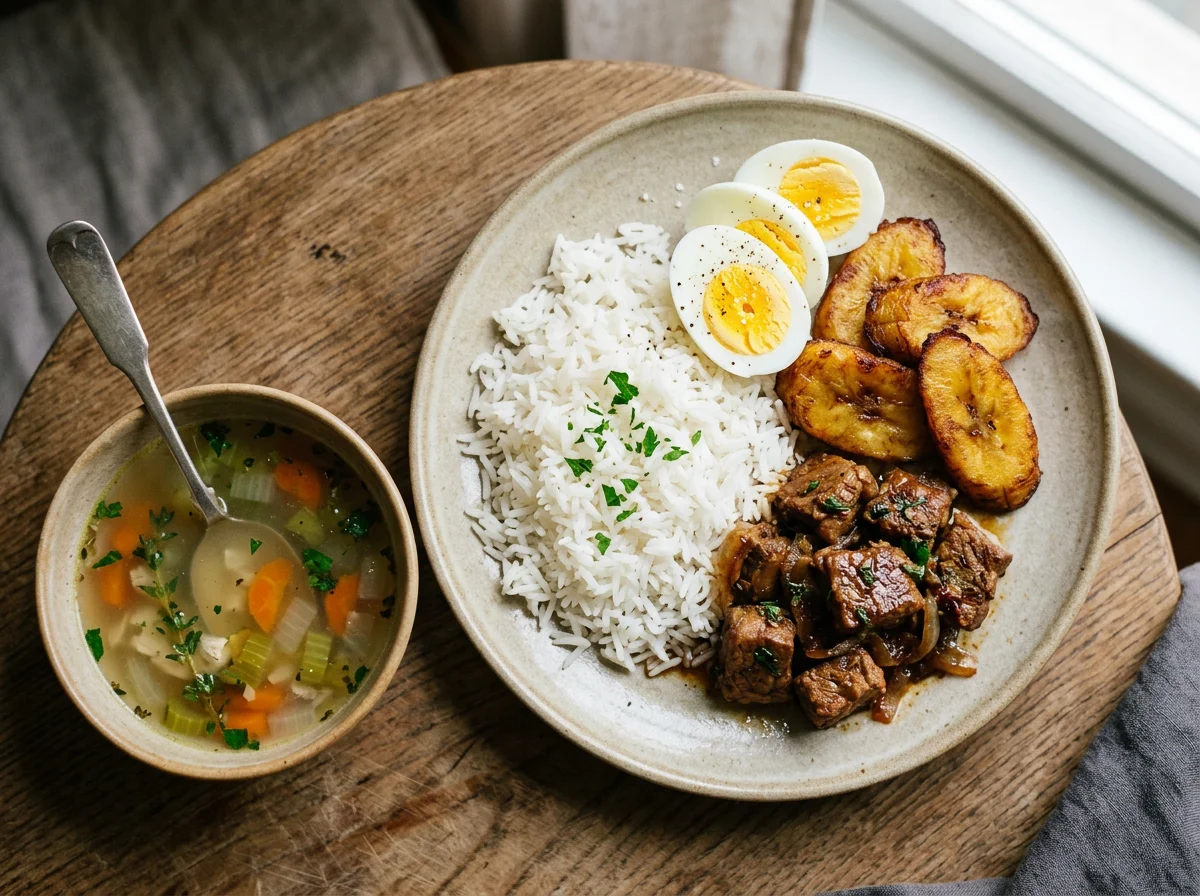 Simple Meal with Soup, Rice, Egg, and Fried Item photo