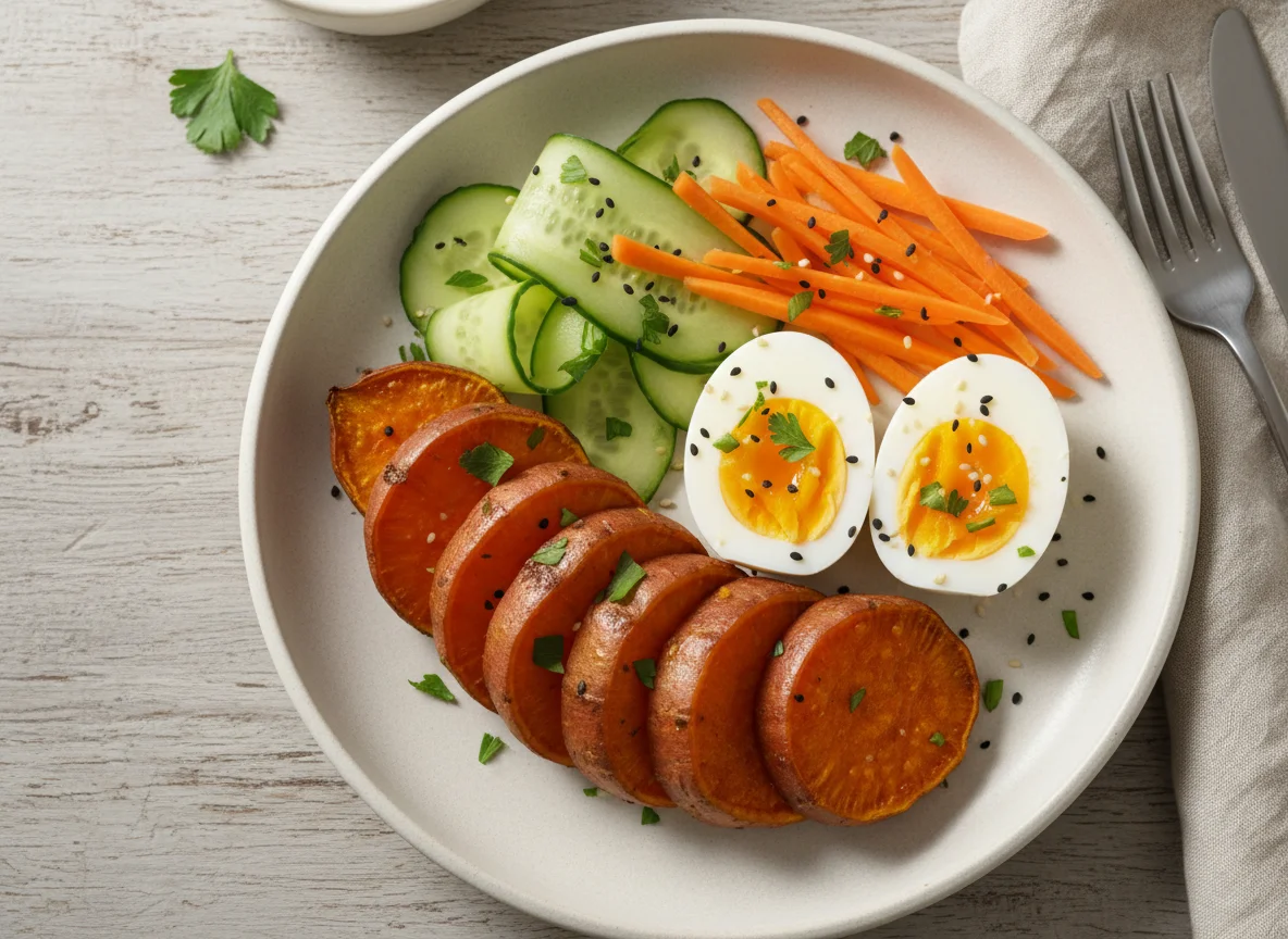 Simple Meal with Sweet Potato, Eggs, and Vegetables photo