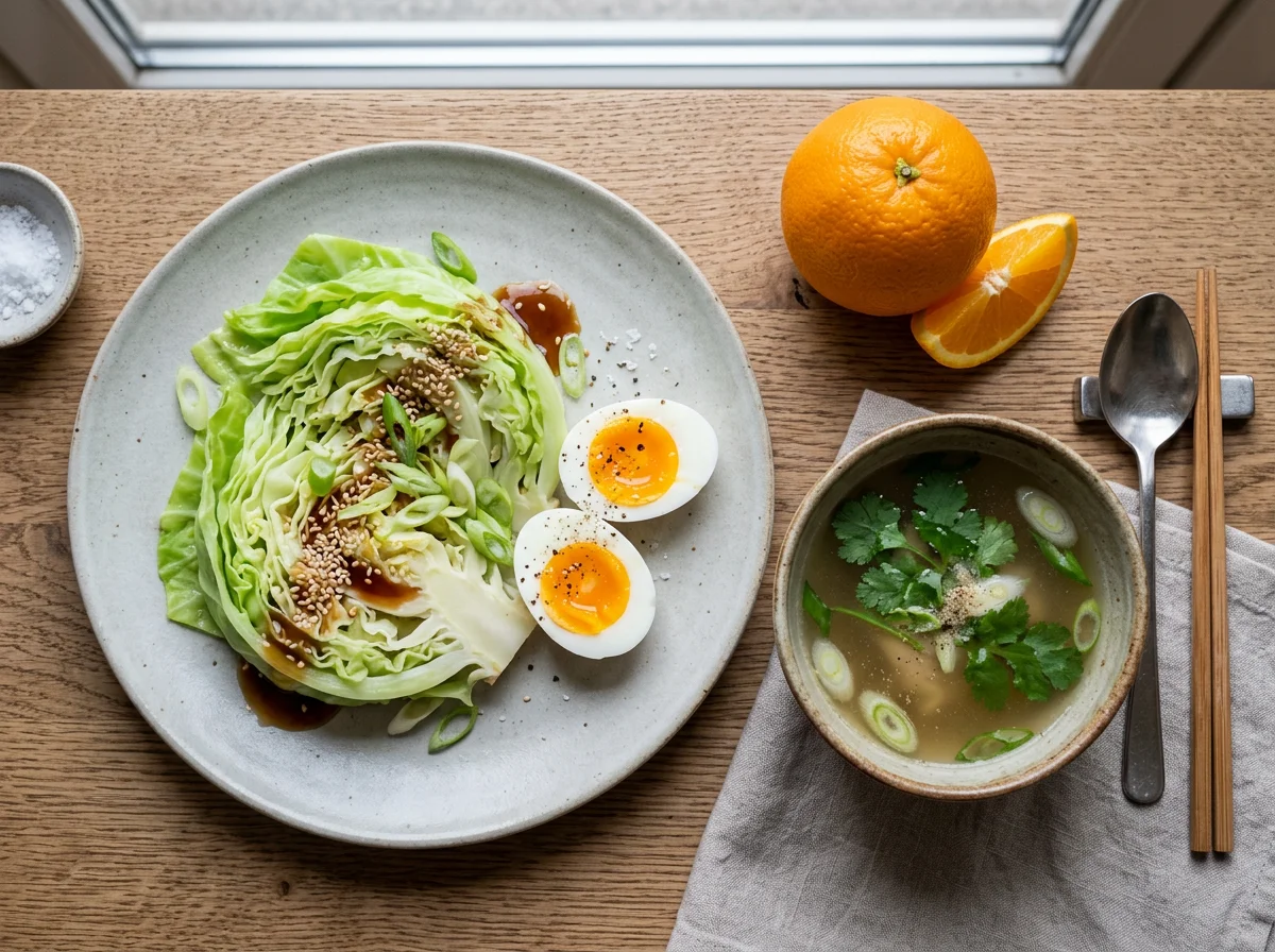Simple Meal with Vegetables, Soup, Eggs, and Orange photo