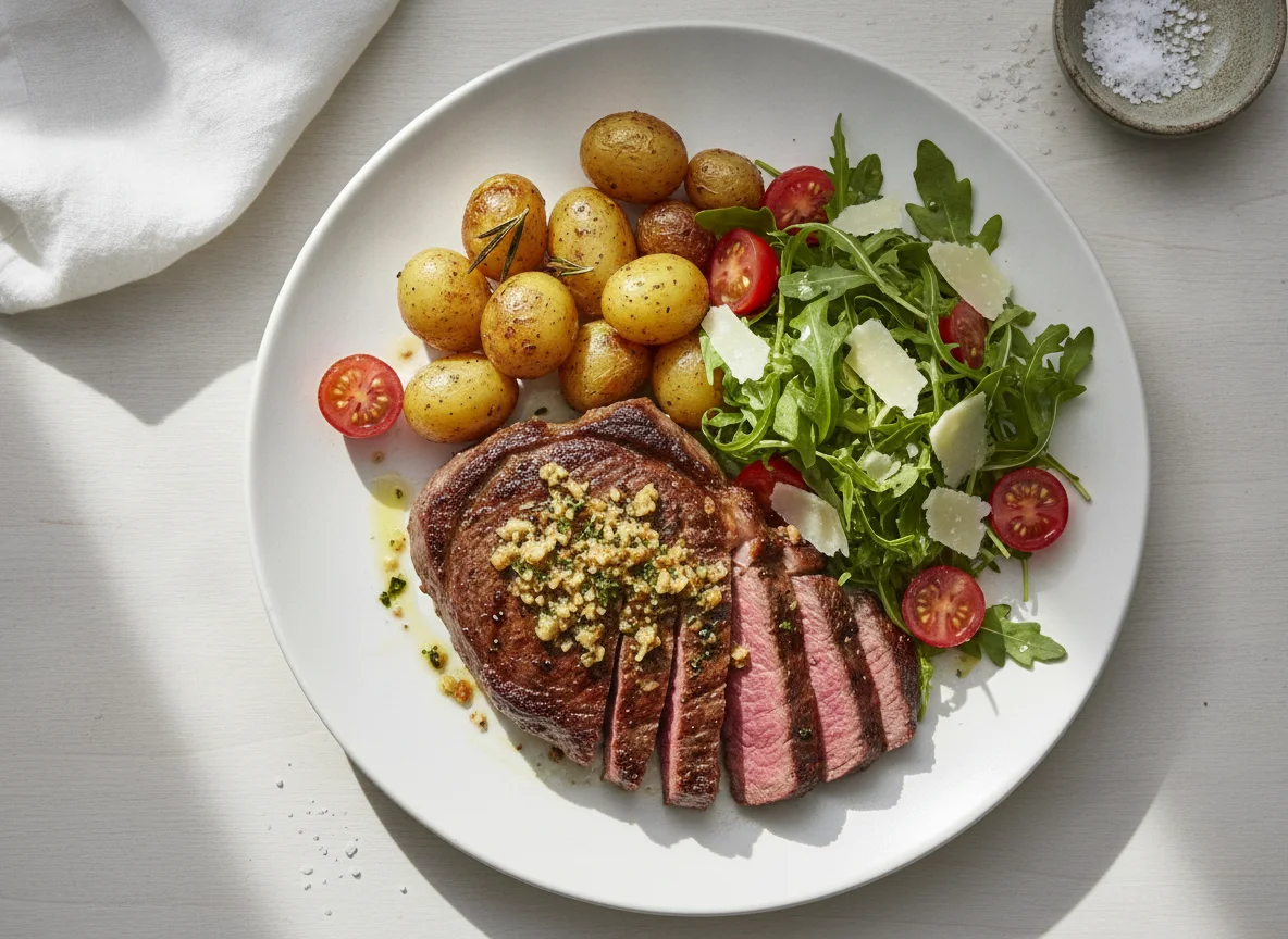 Sirloin Steak with Roasted Potatoes and Rocket Salad photo