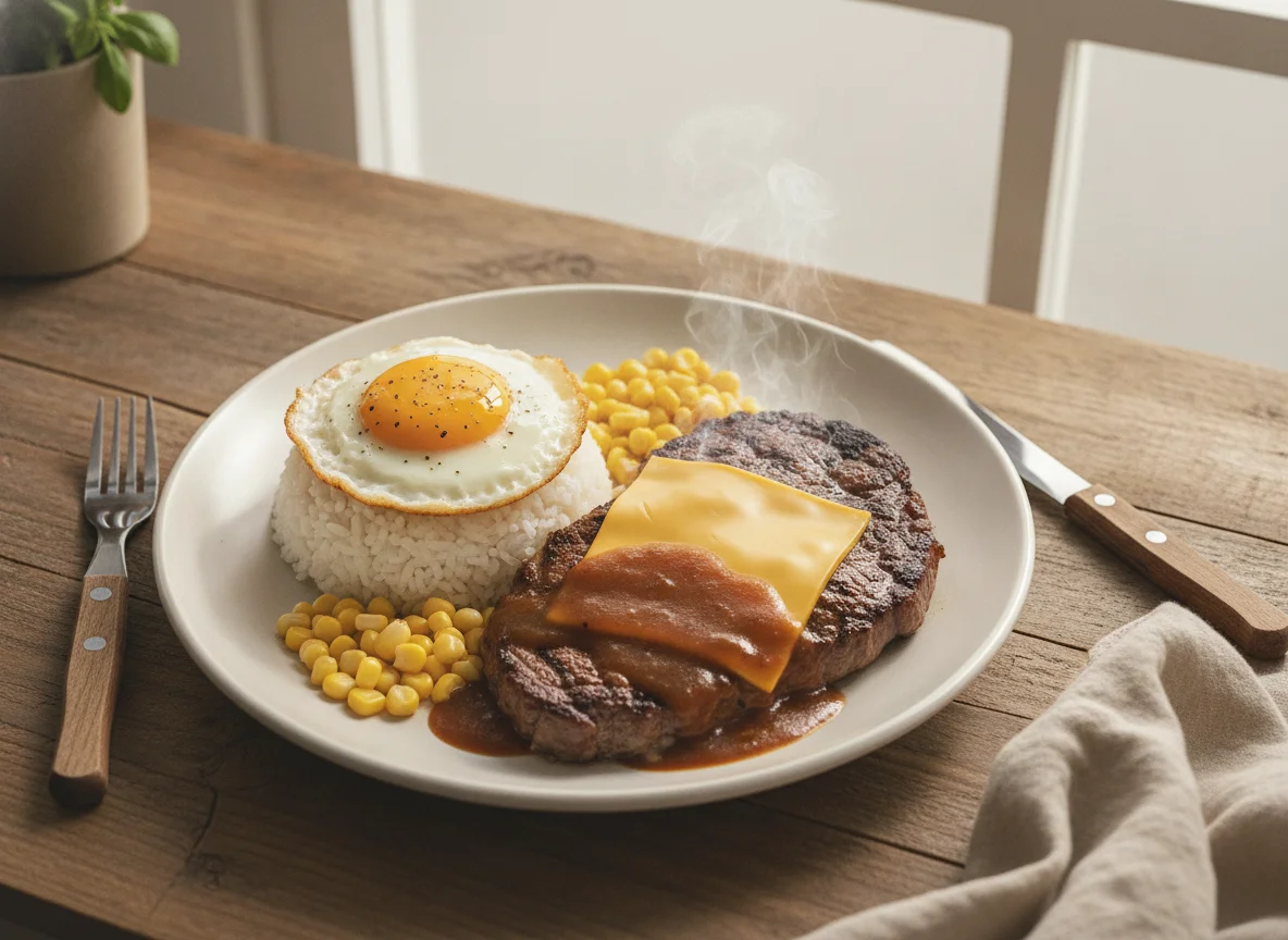 Sizzling Beef Steak with Rice and Egg photo
