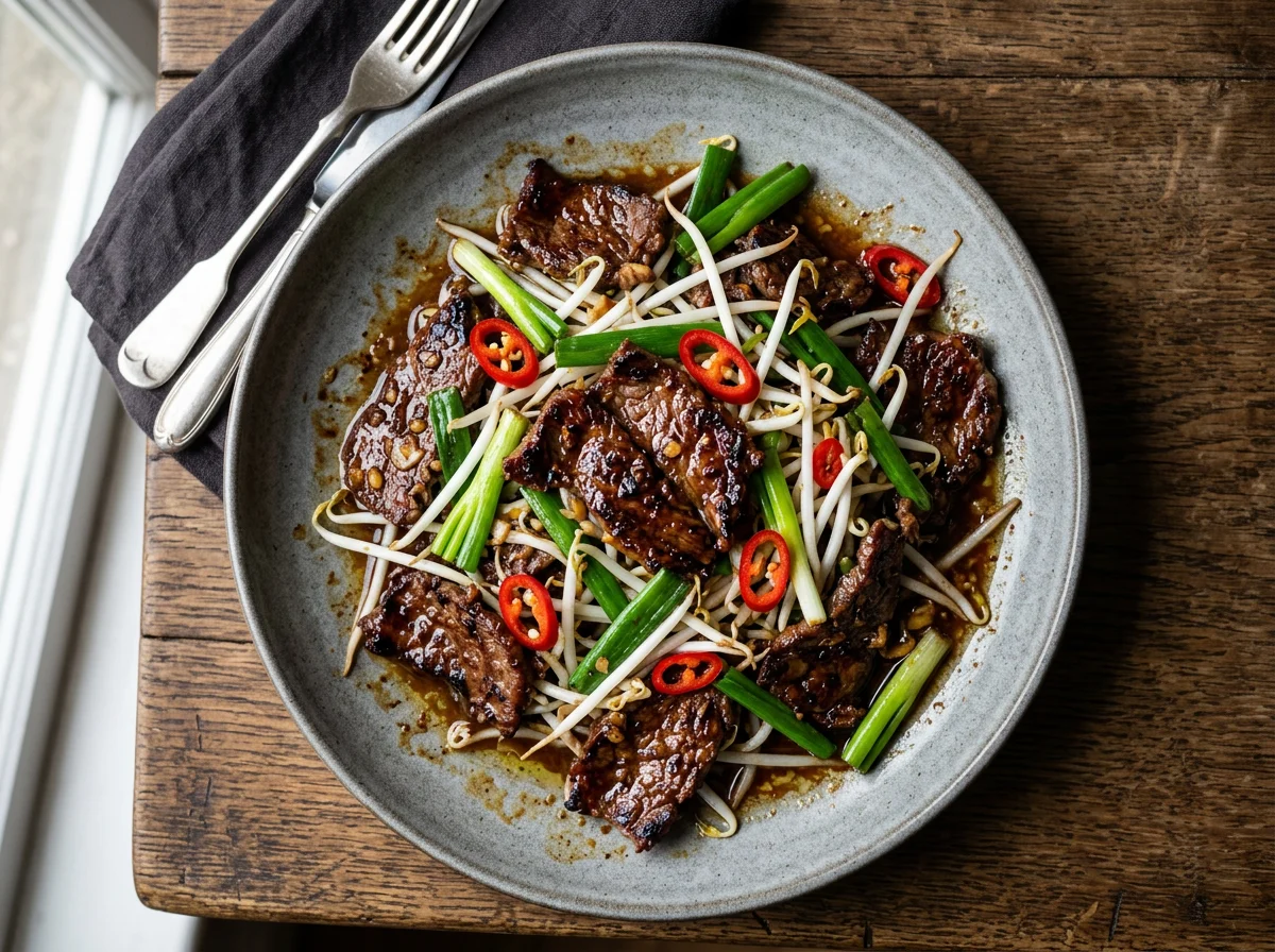 Sizzling Beef with Bean Sprouts and Spring Onions photo