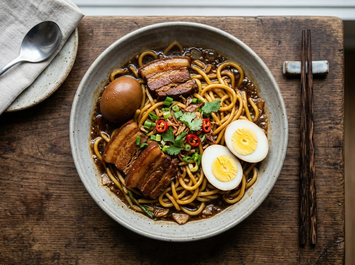 Sizzling Noodles with Braised Egg and Pork photo