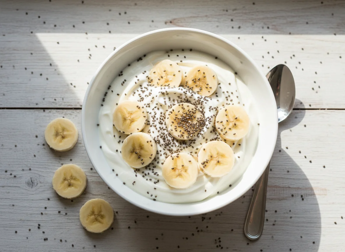 Skyr with banana and chia seeds photo